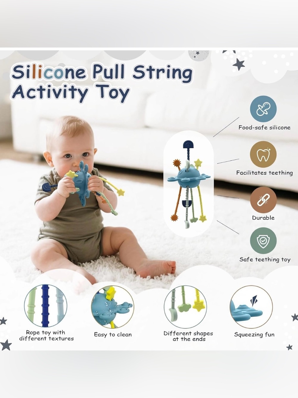 100% Silicone Pull-String Teething Sensory activity Toy for Babies gift 0+ month